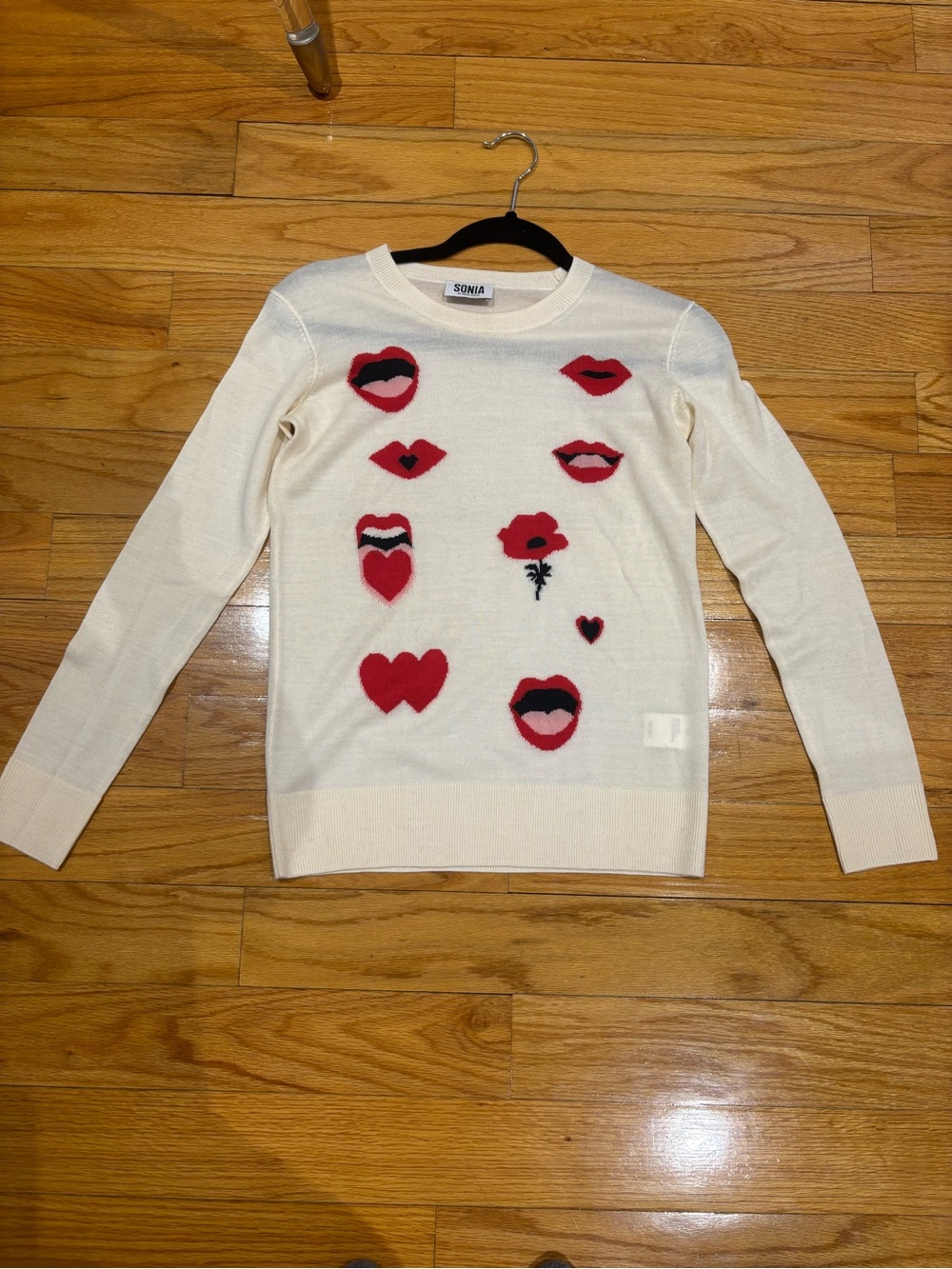 Sonia Rykiel Cream Crewneck Sweater with Red Lip, Heart & Flower Motifs